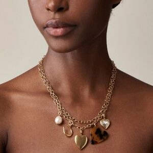 J.Crew Gold Tone Layered Charm Necklace Hearts Locket Pearl Pendant